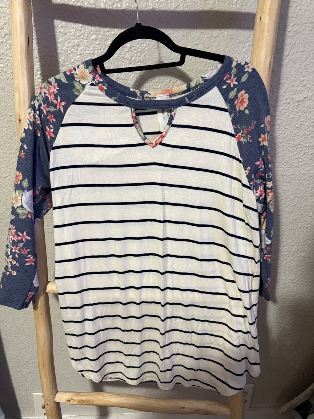 Honeyme White & Navy Striped Raglan Top with Floral Sleeves